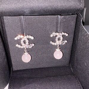 Chanel Pink Crystal CC Drop Earrings